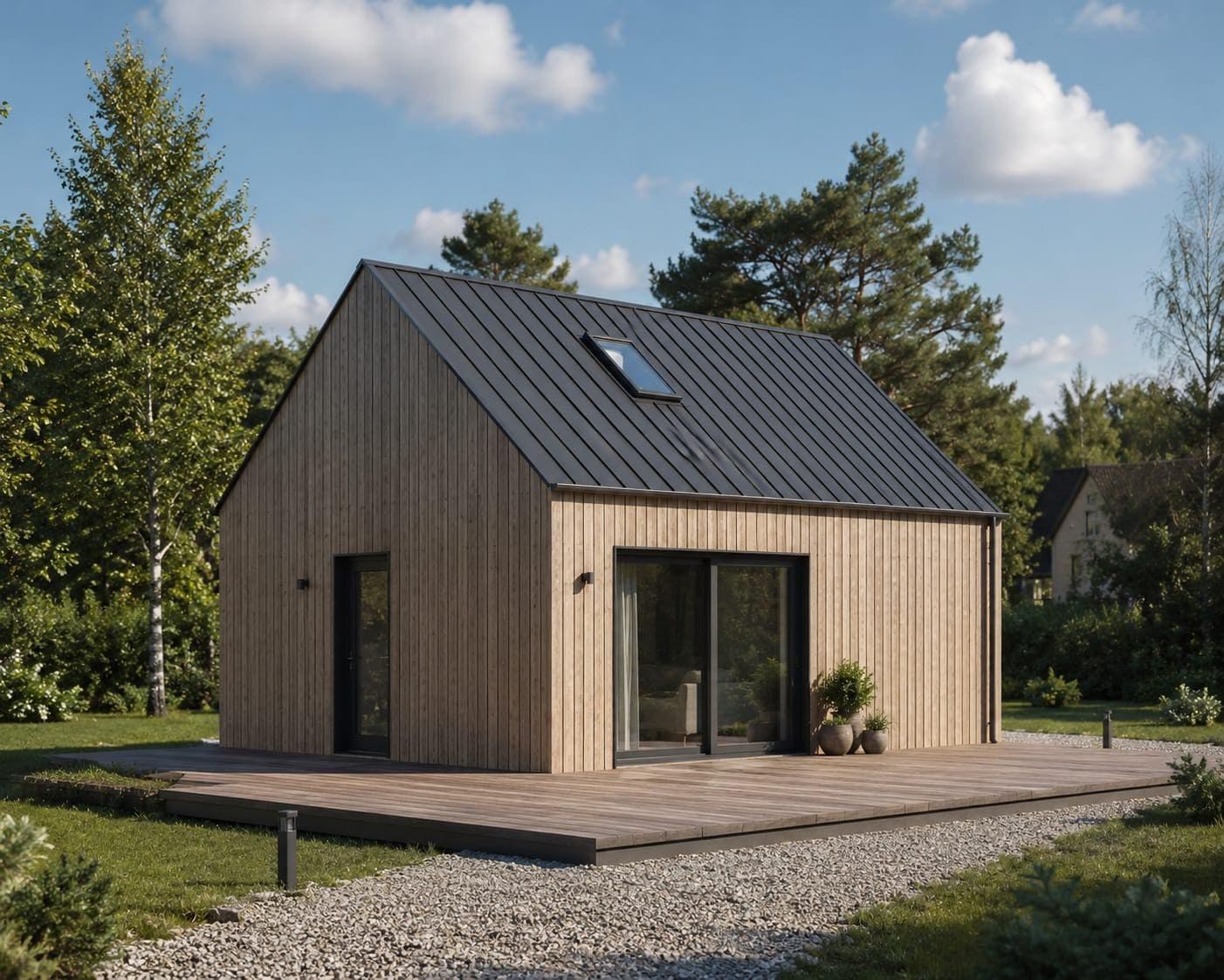Dom szkieletowy 64,4 m² z drewnianą elewacją